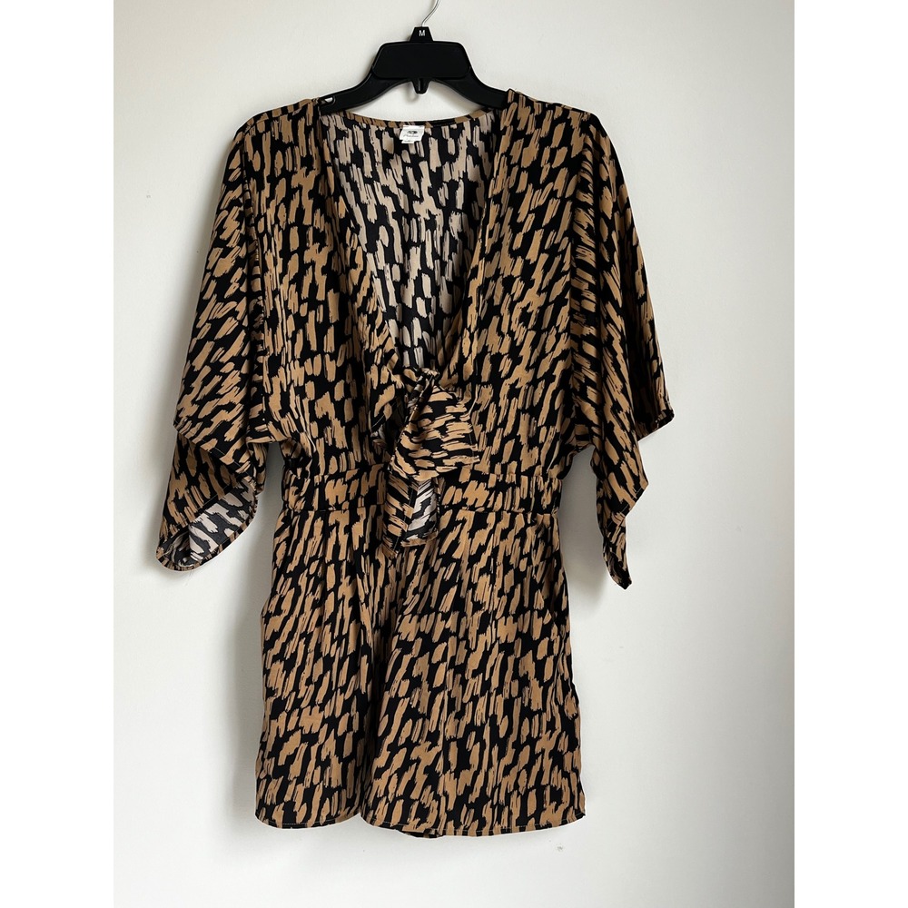 Flawless Tan & Black Brushstroke Tie-Front Dolman Sleeve Romper Jumpsuit Sz S